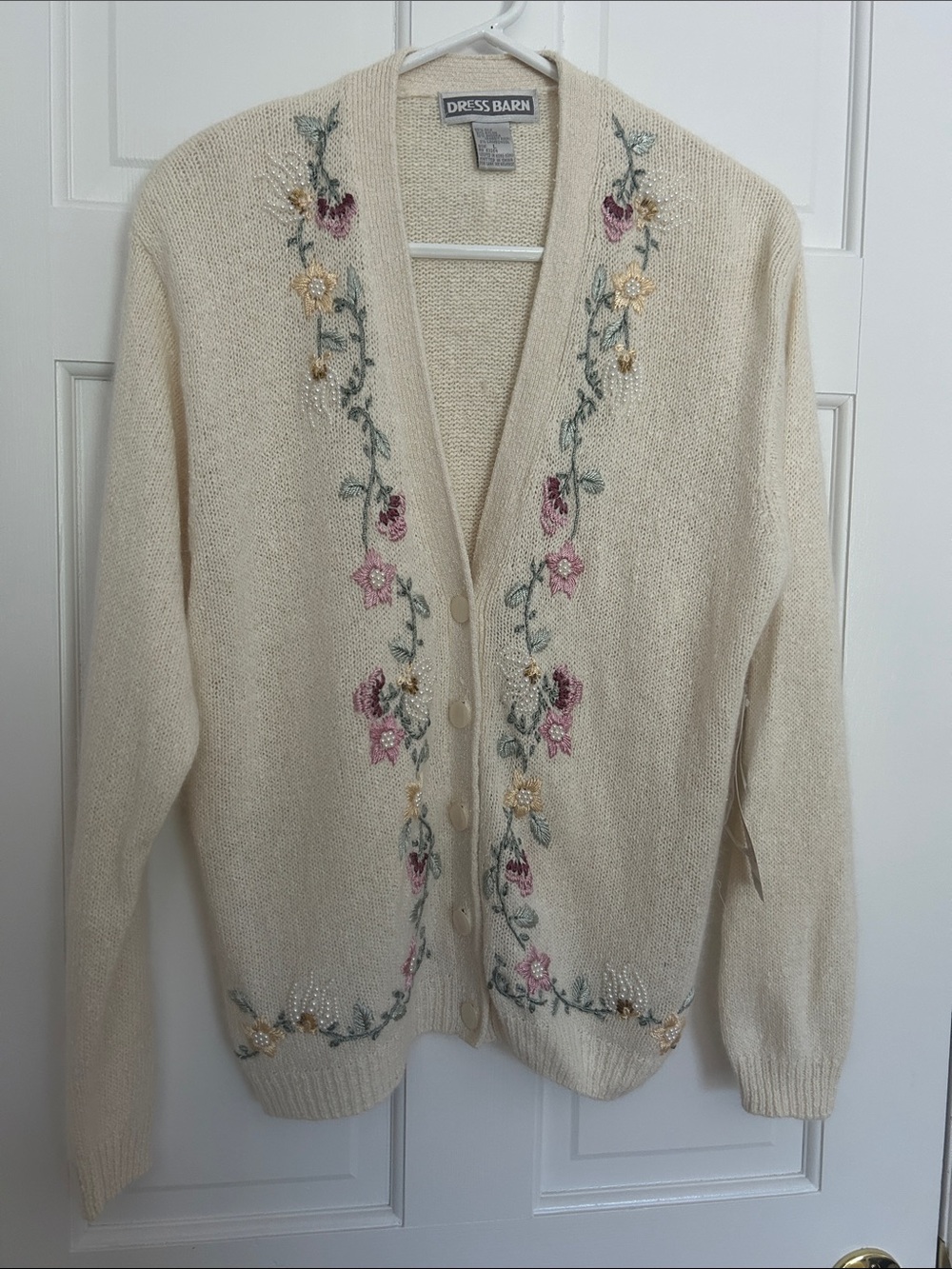 VTG Silk Angora Lambswool Dress Barn Floral Knit Cardigan Sweater Cream Large